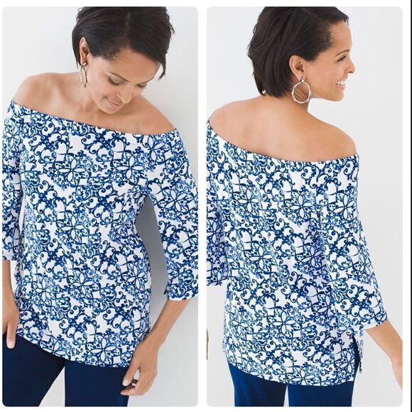 Chico’s TRAVELERS CLASSIC Off-The-Shoulder Top paisley Blue & White size L - Picture 3 of 16